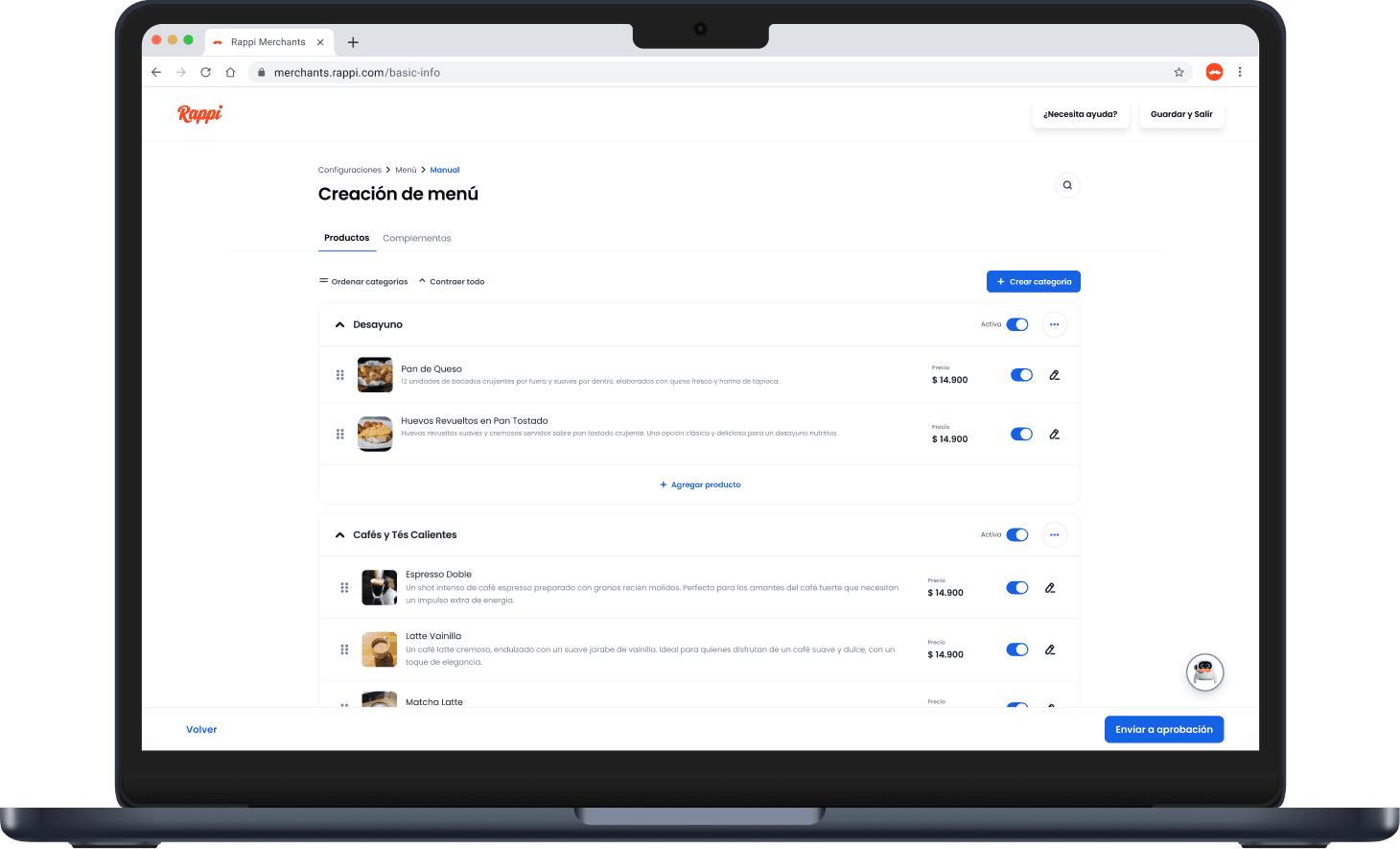 Menu creation — merchant portal